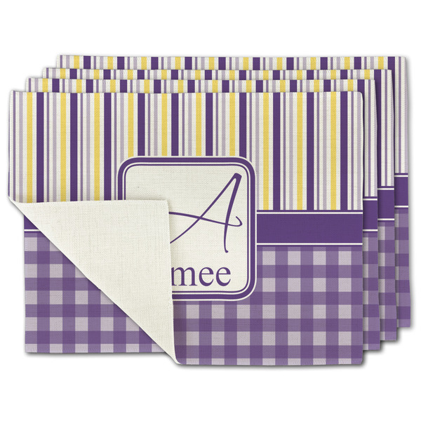 Custom Purple Gingham & Stripe Single-Sided Linen Placemat - Set of 4 w/ Name and Initial