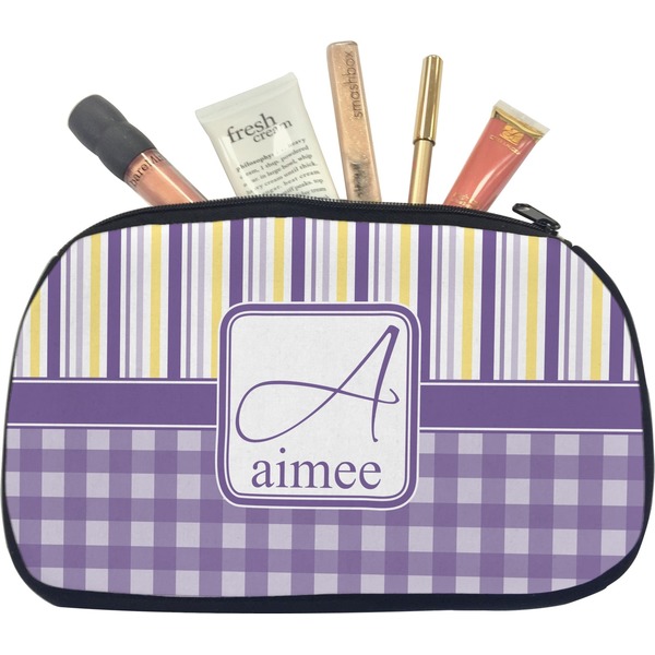 Custom Purple Gingham & Stripe Makeup / Cosmetic Bag - Medium (Personalized)