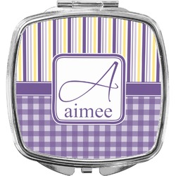 Purple Gingham & Stripe Compact Makeup Mirror (Personalized)
