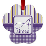 Purple Gingham & Stripe Metal Paw Ornament - Double Sided w/ Name and Initial