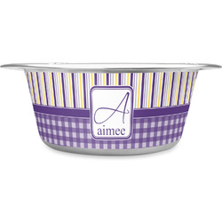 Purple Gingham & Stripe Stainless Steel Dog Bowl - Large (Personalized)
