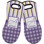 Purple Gingham & Stripe Neoprene Oven Mitts - Set of 2 w/ Name and Initial