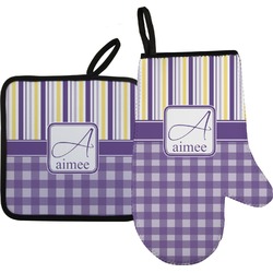 Purple Gingham & Stripe Right Oven Mitt & Pot Holder Set w/ Name and Initial