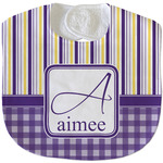 Purple Gingham & Stripe Velour Baby Bib w/ Name and Initial