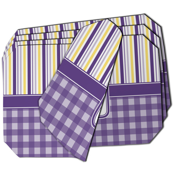 Custom Purple Gingham & Stripe Dining Table Mat - Octagon - Set of 4 (Double-SIded) w/ Name and Initial