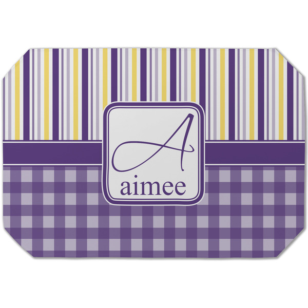 Custom Purple Gingham & Stripe Dining Table Mat - Octagon (Single-Sided) w/ Name and Initial