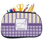 Purple Gingham & Stripe Neoprene Pencil Case - Medium w/ Name and Initial