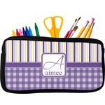 Purple Gingham & Stripe Neoprene Pencil Case - Small w/ Name and Initial