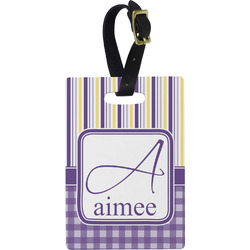 Purple Gingham & Stripe Plastic Luggage Tag - Rectangular w/ Name and Initial