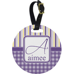 Purple Gingham & Stripe Plastic Luggage Tag - Round (Personalized)