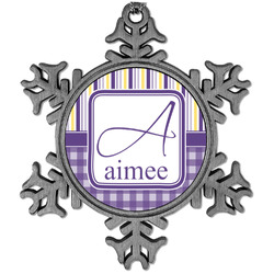 Purple Gingham & Stripe Vintage Snowflake Ornament (Personalized)