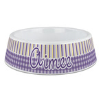 Purple Gingham & Stripe Plastic Dog Bowl - Large (Personalized)