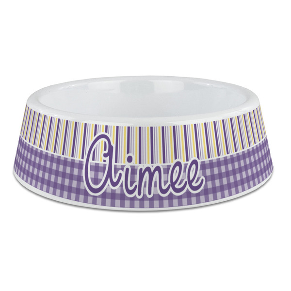 Custom Purple Gingham & Stripe Plastic Dog Bowl - Large (Personalized)