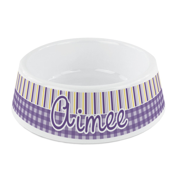 Custom Purple Gingham & Stripe Plastic Dog Bowl - Small (Personalized)