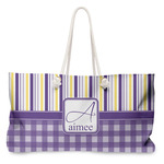 Purple Gingham & Stripe Large Tote Bag with Rope Handles (Personalized)