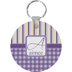 Purple Gingham & Stripe Round Plastic Keychain (Personalized)
