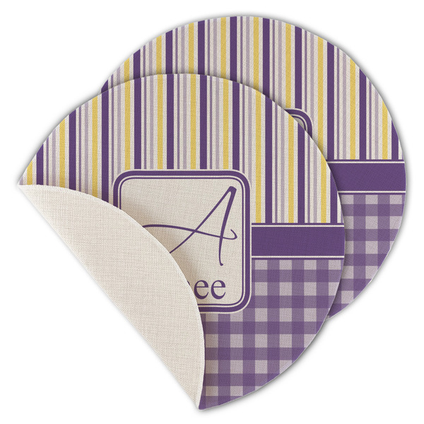 Custom Purple Gingham & Stripe Round Linen Placemat - Single Sided - Set of 4 (Personalized)