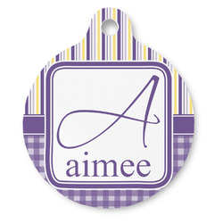 Purple Gingham & Stripe Round Pet ID Tag - Large (Personalized)
