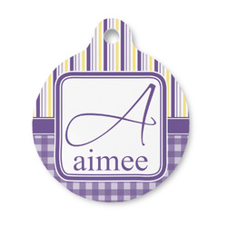 Purple Gingham & Stripe Round Pet ID Tag - Small (Personalized)