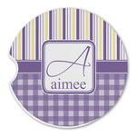 Purple Gingham & Stripe Sandstone Car Coaster - Single (Personalized)