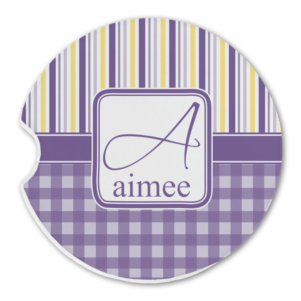 Custom Purple Gingham & Stripe Sandstone Car Coaster - Single (Personalized)