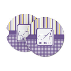 Purple Gingham & Stripe Sandstone Car Coasters (Personalized)