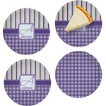 Purple Gingham & Stripe Set of 4 Glass Appetizer / Dessert Plate 8" (Personalized)