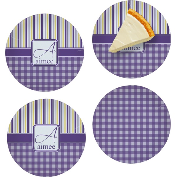 Custom Purple Gingham & Stripe Set of 4 Glass Appetizer / Dessert Plate 8" (Personalized)