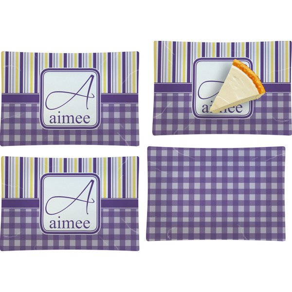 Custom Purple Gingham & Stripe Set of 4 Glass Rectangular Appetizer / Dessert Plate (Personalized)