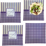 Purple Gingham & Stripe Set of 4 Glass Square Lunch / Dinner Plate 9.5" (Personalized)