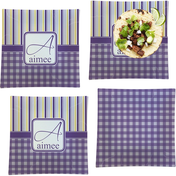 Custom Purple Gingham & Stripe Set of 4 Glass Square Lunch / Dinner Plate 9.5" (Personalized)