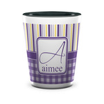 Purple Gingham & Stripe Ceramic Shot Glass - 1.5 oz - Two Tone - Single (Personalized)