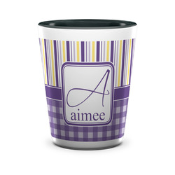 Purple Gingham & Stripe Ceramic Shot Glass - 1.5 oz - Two Tone - Single (Personalized)