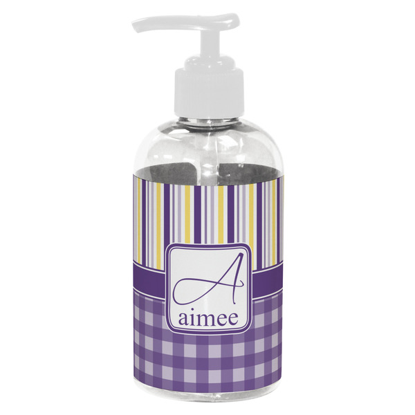 Custom Purple Gingham & Stripe Plastic Soap / Lotion Dispenser (8 oz - Small - White) (Personalized)