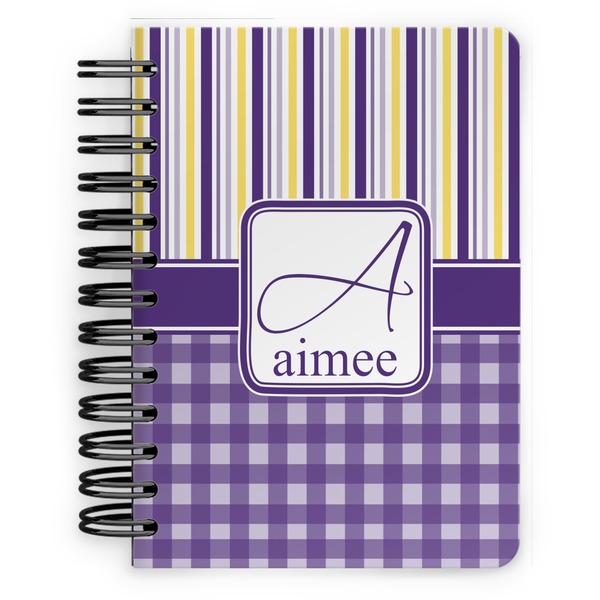 Custom Purple Gingham & Stripe Spiral Notebook - 5x7 w/ Name and Initial