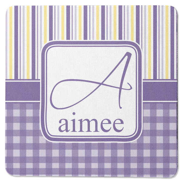 Custom Purple Gingham & Stripe Square Rubber Backed Coaster (Personalized)