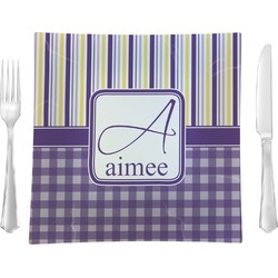 Purple Gingham & Stripe 9.5" Glass Square Lunch / Dinner Plate- Single or Set of 4 (Personalized)