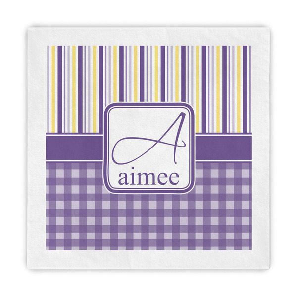 Custom Purple Gingham & Stripe Standard Decorative Napkins (Personalized)