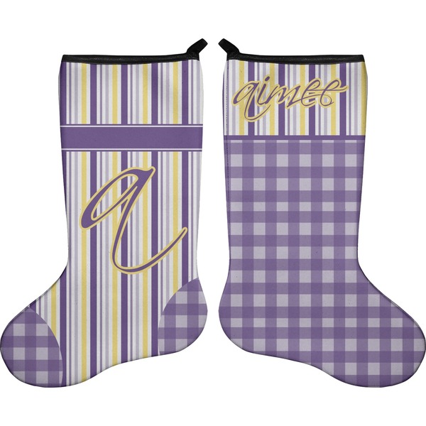 Custom Purple Gingham & Stripe Holiday Stocking - Double-Sided - Neoprene (Personalized)