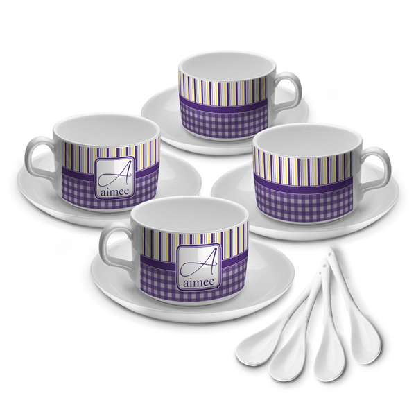 Custom Purple Gingham & Stripe Tea Cup - Set of 4 (Personalized)