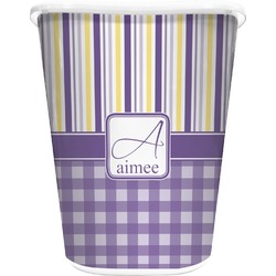 Purple Gingham & Stripe Waste Basket - Double Sided (White) (Personalized)