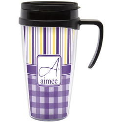 Purple Gingham & Stripe Acrylic Travel Mug with Handle (Personalized)