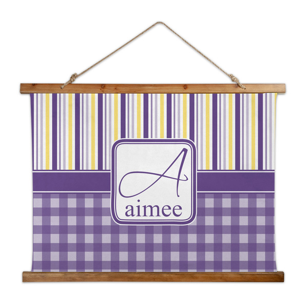 Custom Purple Gingham & Stripe Wall Hanging Tapestry - Wide (Personalized)