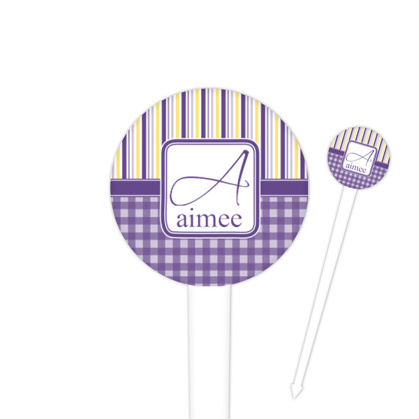 Custom Purple Gingham & Stripe 4" Round Plastic Food Picks - White - Single Sided (Personalized)