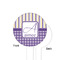 Purple Gingham & Stripe White Plastic 4" Food Pick - Round - Single Sided - Front & Back