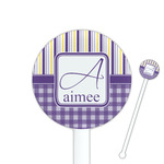 Purple Gingham & Stripe 5.5" Round Plastic Stir Sticks - White - Double Sided (Personalized)