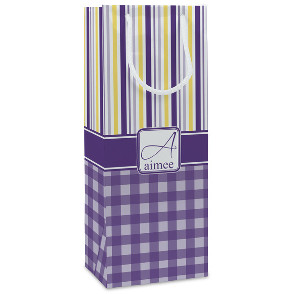 Custom Purple Gingham & Stripe Wine Gift Bags (Personalized)