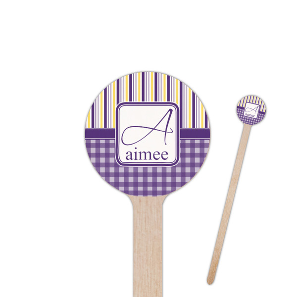 Custom Purple Gingham & Stripe 7.5" Round Wooden Stir Sticks - Single Sided (Personalized)