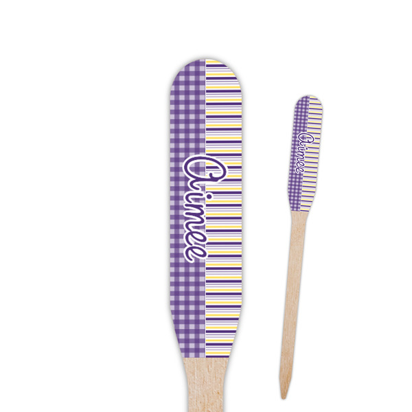 Custom Purple Gingham & Stripe Paddle Wooden Food Picks - Single Sided (Personalized)