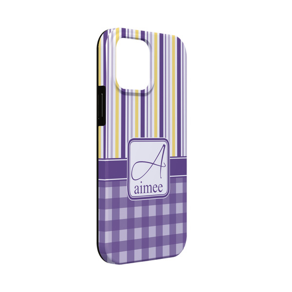 Custom Purple Gingham & Stripe iPhone Case - Rubber Lined - iPhone 13 Mini (Personalized)